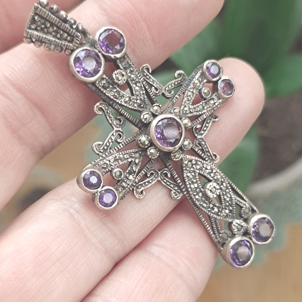 Sterling Marcosite Amythest Cross Pendant